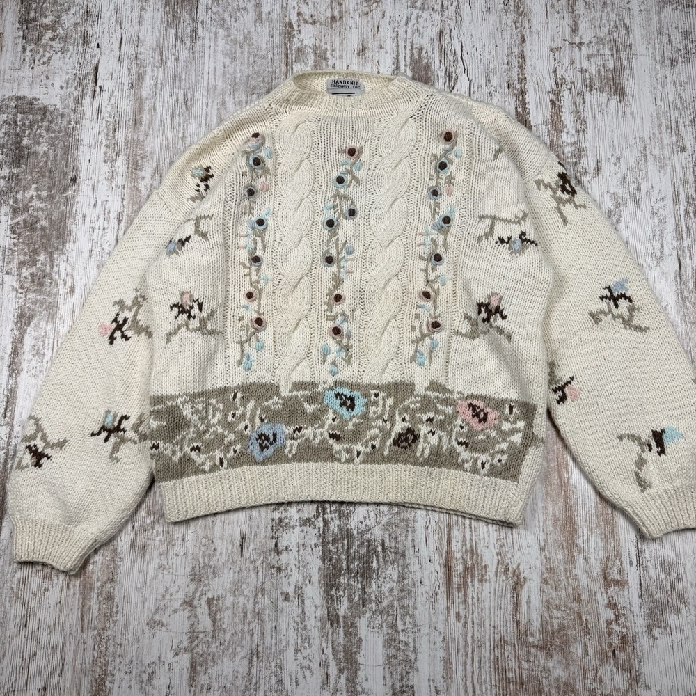 Vintage Ninon De Lenclos Sweater S Cream Pink Blue Cottagecore Floral Pastel‎